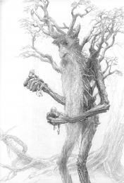 Illustration af Alan Lee, hvor enternes leder, Træskæg, møder hobbitterne Merry og Pippin.
